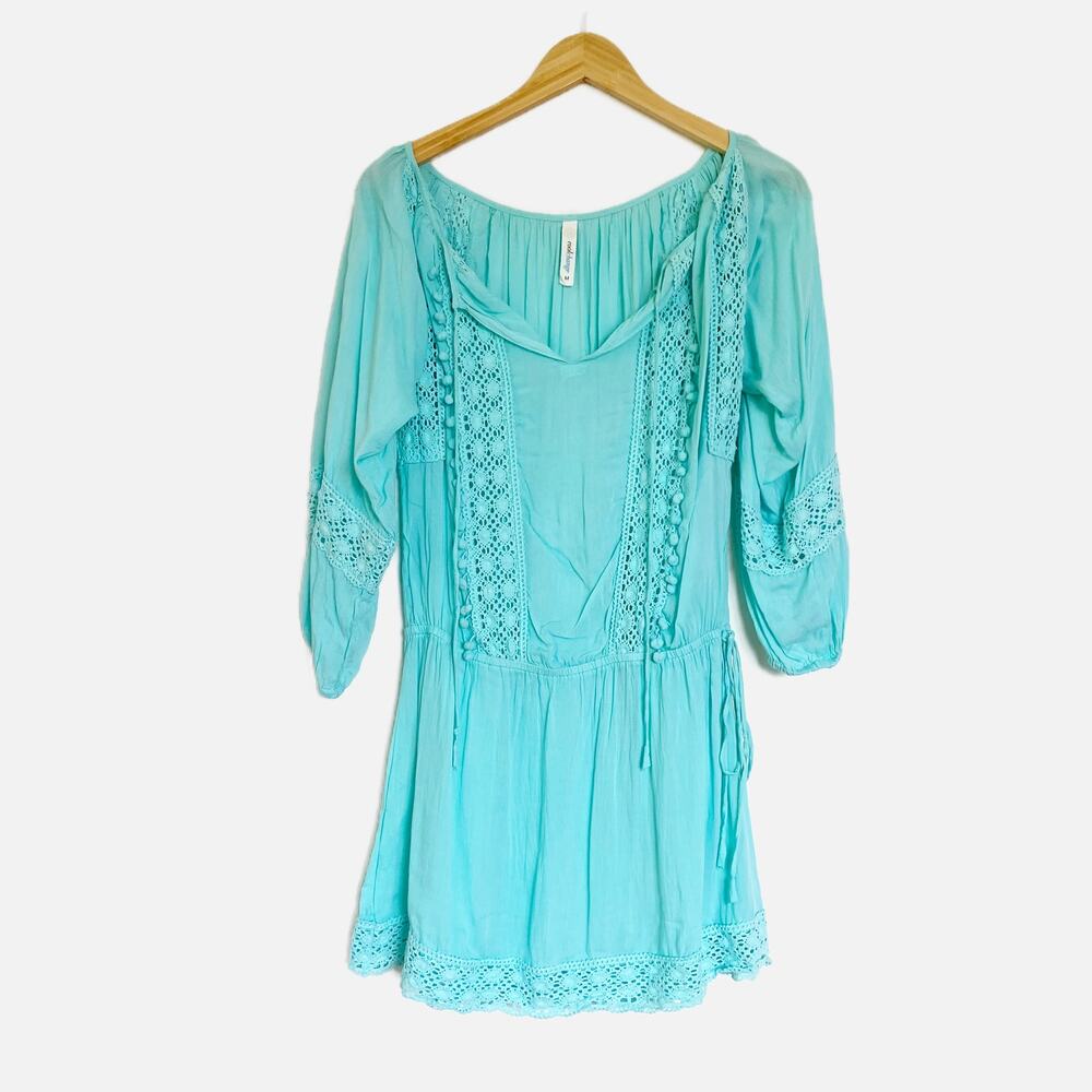 CoolChange Crochet Trim Split Tie Neck 3/4 Sleeves A-Line Boho Dress in Blue M